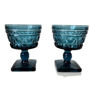 60s Indiana Glass Colony Park Lane Set of 2 Teal Blue 4.25" Champagne Sorbet EUC